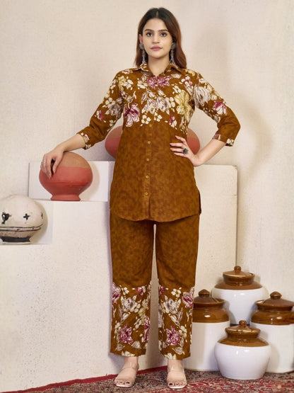 Rajwada Mustard Brown Cotton Blend Embroidered Co Ord Set For Women