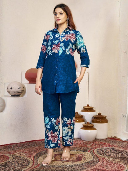Rajwada Teal Blue Cotton Blend Embroidered Co Ord Set For Women
