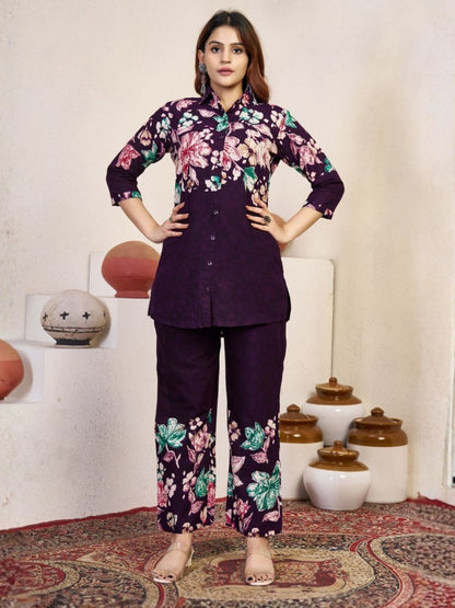 Rajwada Dark Purple Cotton Blend Embroidered Co Ord Set For Women