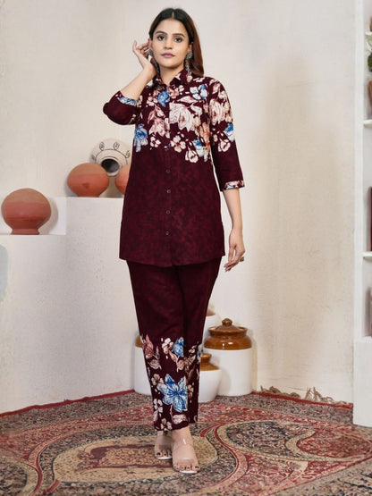 Rajwada Maroon Cotton Blend Embroidered Co Ord Set For Women