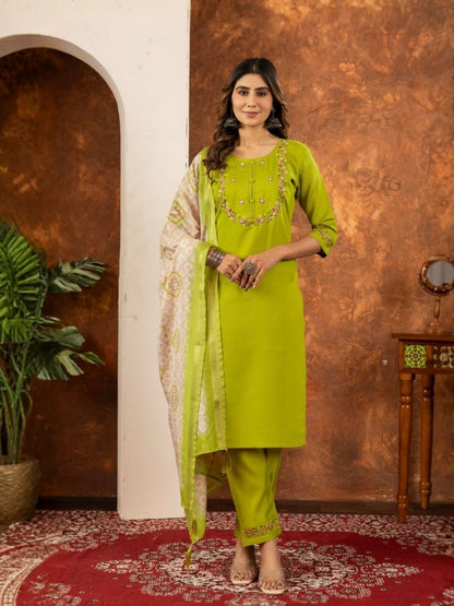 Rajwada Lime Green Silk Blend Embroidered Kurta Set For Women