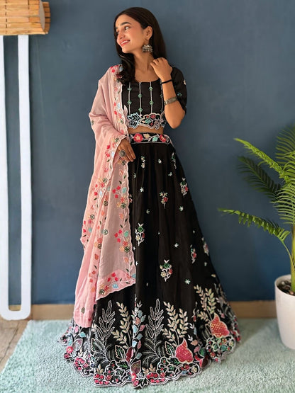 Rajwada Black Chinon Embellished Lehenga For Women