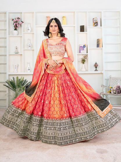 Rajwada Orange And Pink Chinon Embellished Lehenga For Women
