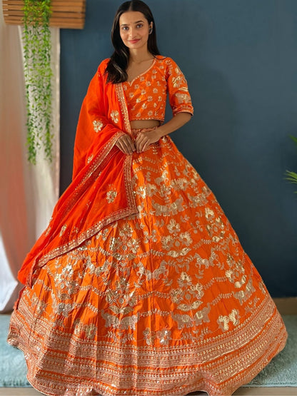 Rajwada Orange Silk Blend Embellished Lehenga For Women