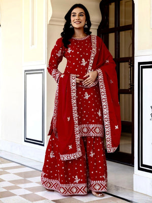 Rajwada Red Chinon Embellished Kurta Set For Women