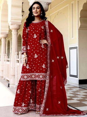 Rajwada Red Chinon Embellished Kurta Set For Women