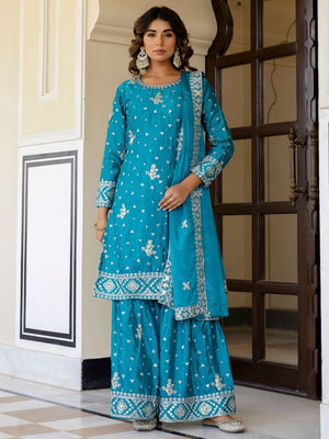 Rajwada Sky Blue Chinon Embellished Kurta Set For Women