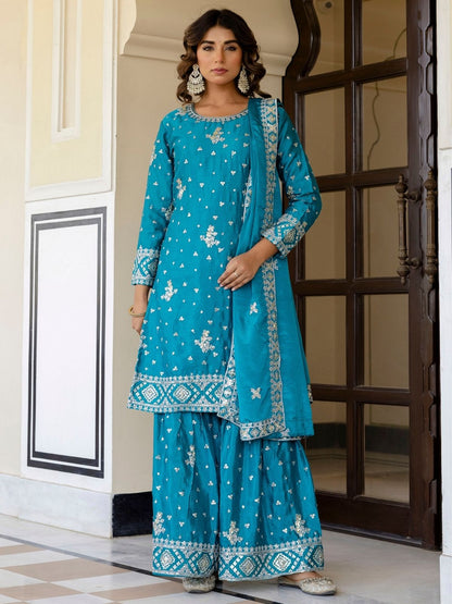 Rajwada Sky Blue Chinon Embellished Kurta Set For Women