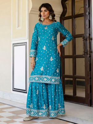 Rajwada Sky Blue Chinon Embellished Kurta Set For Women