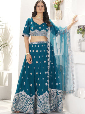 Rajwada Teal Blue Georgette Embellished Lehenga For Women