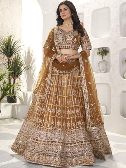 Rajwada Mustard Net Embellished Lehenga For Women