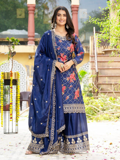 Rajwada Navy Blue Silk Blend Embellished Kurta Set For Women