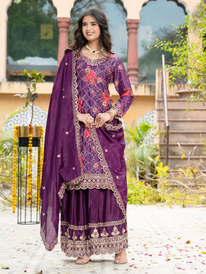 Rajwada Purple Silk Blend Embellished Kurta Set For Women