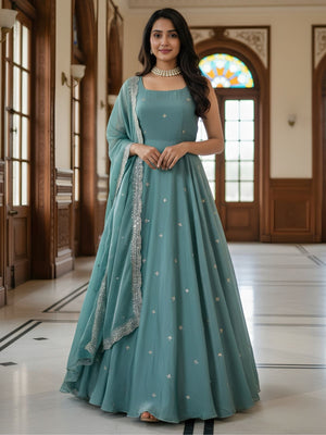 Rajwada Sea Green Satin Embellished Kurta Set For Women