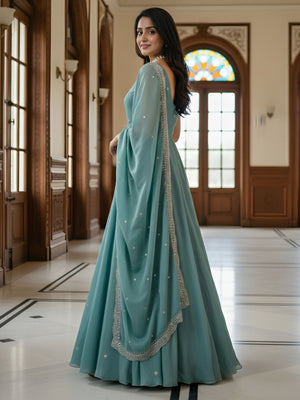 Rajwada Sea Green Satin Embellished Kurta Set For Women