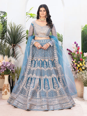 Rajwada Teal Blue Net Embellished Lehenga For Women