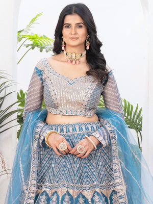 Rajwada Teal Blue Net Embellished Lehenga For Women