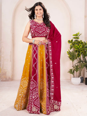 Rajwada Yellow And Dark Pink Silk Blend Embellished Lehenga For Women