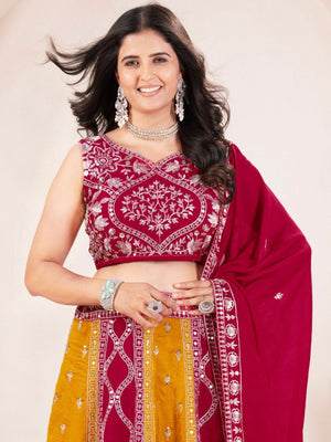 Rajwada Yellow And Dark Pink Silk Blend Embellished Lehenga For Women