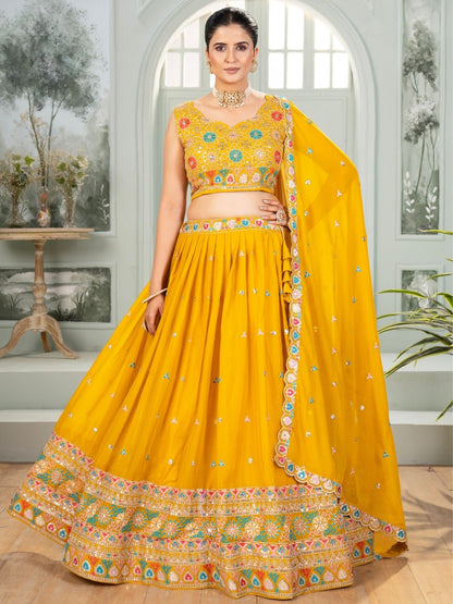 Rajwada Mustard Yellow Georgette Embellished Lehenga For Women