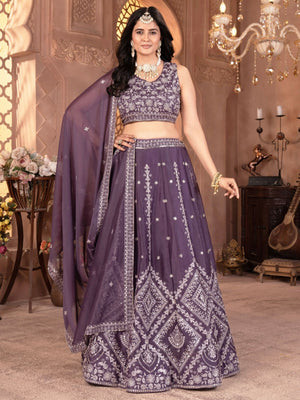 Rajwada Purple Georgette Embellished Lehenga For Women