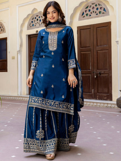 Rajwada Navy Blue Silk Blend Embellished Kurta Set For Women
