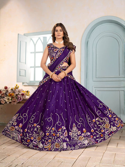 Rajwada Dark Purple Chinon Embellished Lehenga For Women