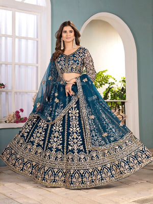 Rajwada Teal Blue Net Embellished Lehenga For Women