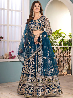 Rajwada Teal Blue Net Embellished Lehenga For Women