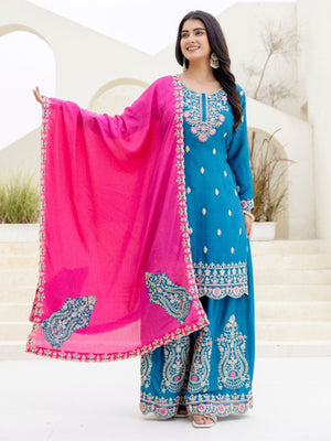 Rajwada Teal Blue Chinon Embellished Kurta Set For Women