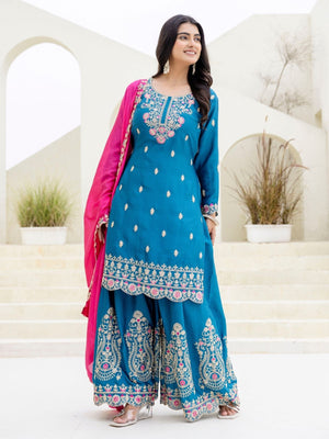 Rajwada Teal Blue Chinon Embellished Kurta Set For Women