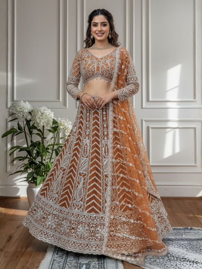 Rajwada Brown Net Embellished Lehenga For Women
