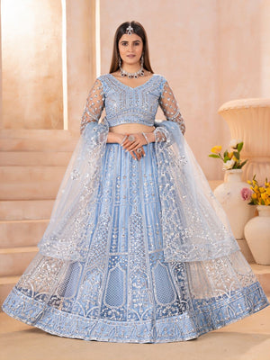 Rajwada Sky Blue Net Embellished Lehenga For Women