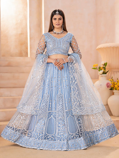 Rajwada Sky Blue Net Embellished Lehenga For Women