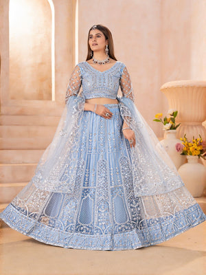 Rajwada Sky Blue Net Embellished Lehenga For Women