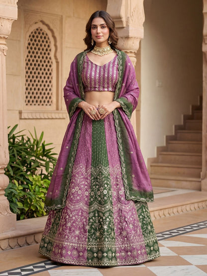 Rajwada Green And Pink Chinon Embellished Lehenga For Women