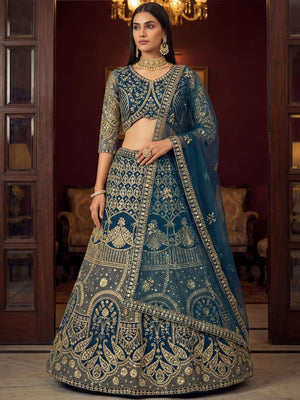 Rajwada Teal Blue Net Embellished Lehenga For Women
