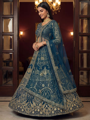 Rajwada Teal Blue Net Embellished Lehenga For Women