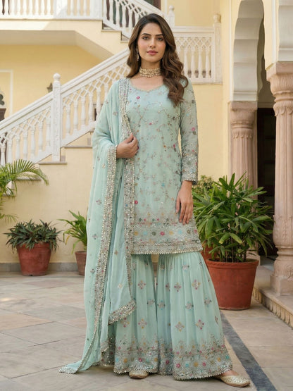 Rajwada Light Blue Georgette Embellished Kurta Set For Women