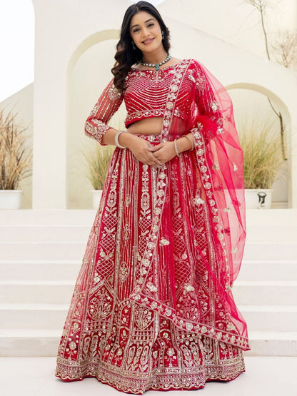 Rajwada Dark Pink Net Embellished Lehenga For Women
