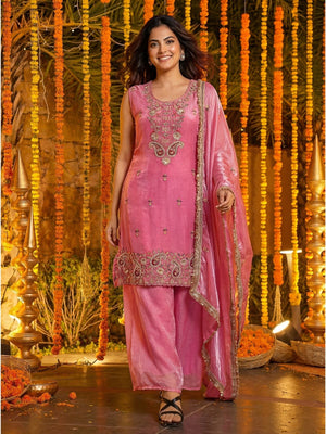 Rajwada Pink Silk Blend Embellished Kurta Set For Women