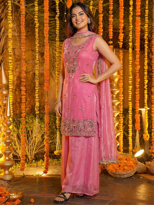 Rajwada Pink Silk Blend Embellished Kurta Set For Women