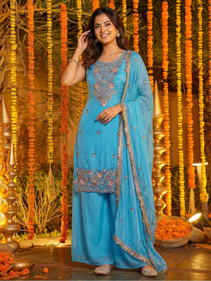 Rajwada Sky Blue Silk Blend Embellished Kurta Set For Women