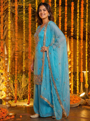 Rajwada Sky Blue Silk Blend Embellished Kurta Set For Women