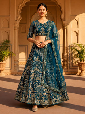 Rajwada Teal Blue Net Embellished Lehenga For Women