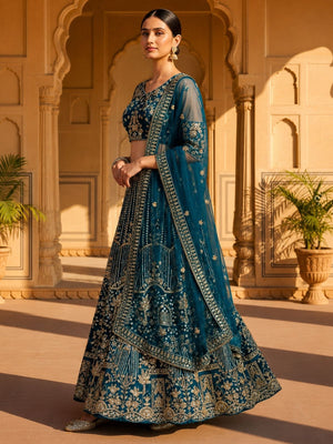 Rajwada Teal Blue Net Embellished Lehenga For Women