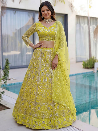 Rajwada Lime Yellow Net Embellished Lehenga For Women