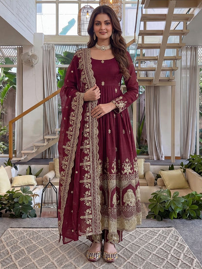Rajwada Dark Maroon Silk Blend Embellished Kurta Set For Women