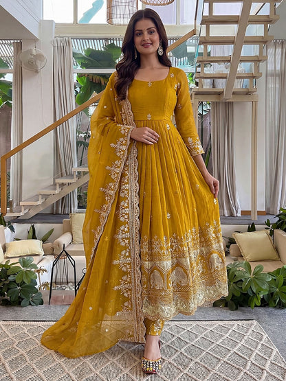 Rajwada Mustard Yellow Silk Blend Embellished Kurta Set For Women