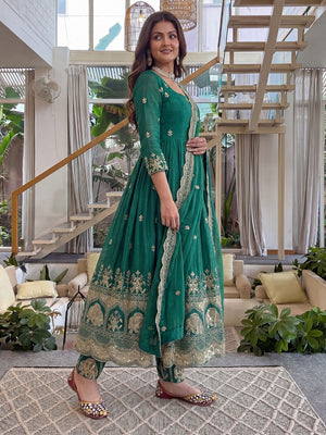 Rajwada Teal Green Silk Blend Embellished Kurta Set For Women